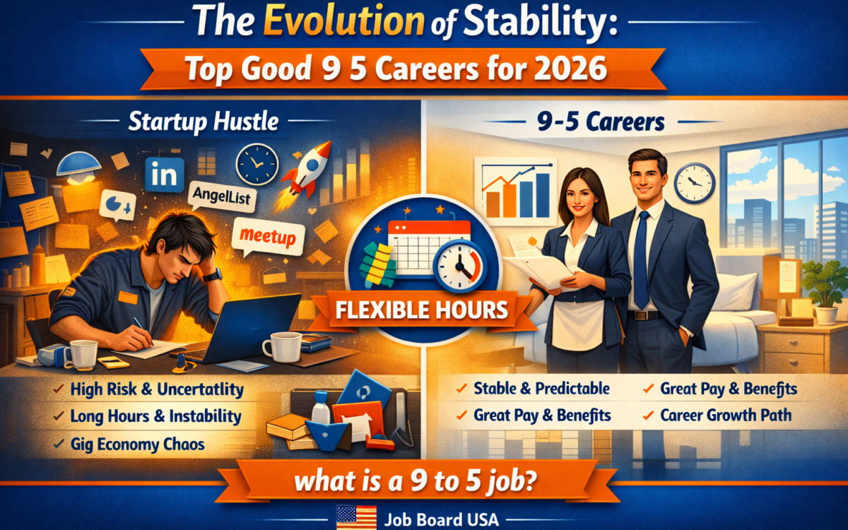 Professional employees working in a modern U.S. office environment representing good 9 5 careers, stable office jobs, and healthy work-life balance in 2026.