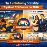 Professional employees working in a modern U.S. office environment representing good 9 5 careers, stable office jobs, and healthy work-life balance in 2026.