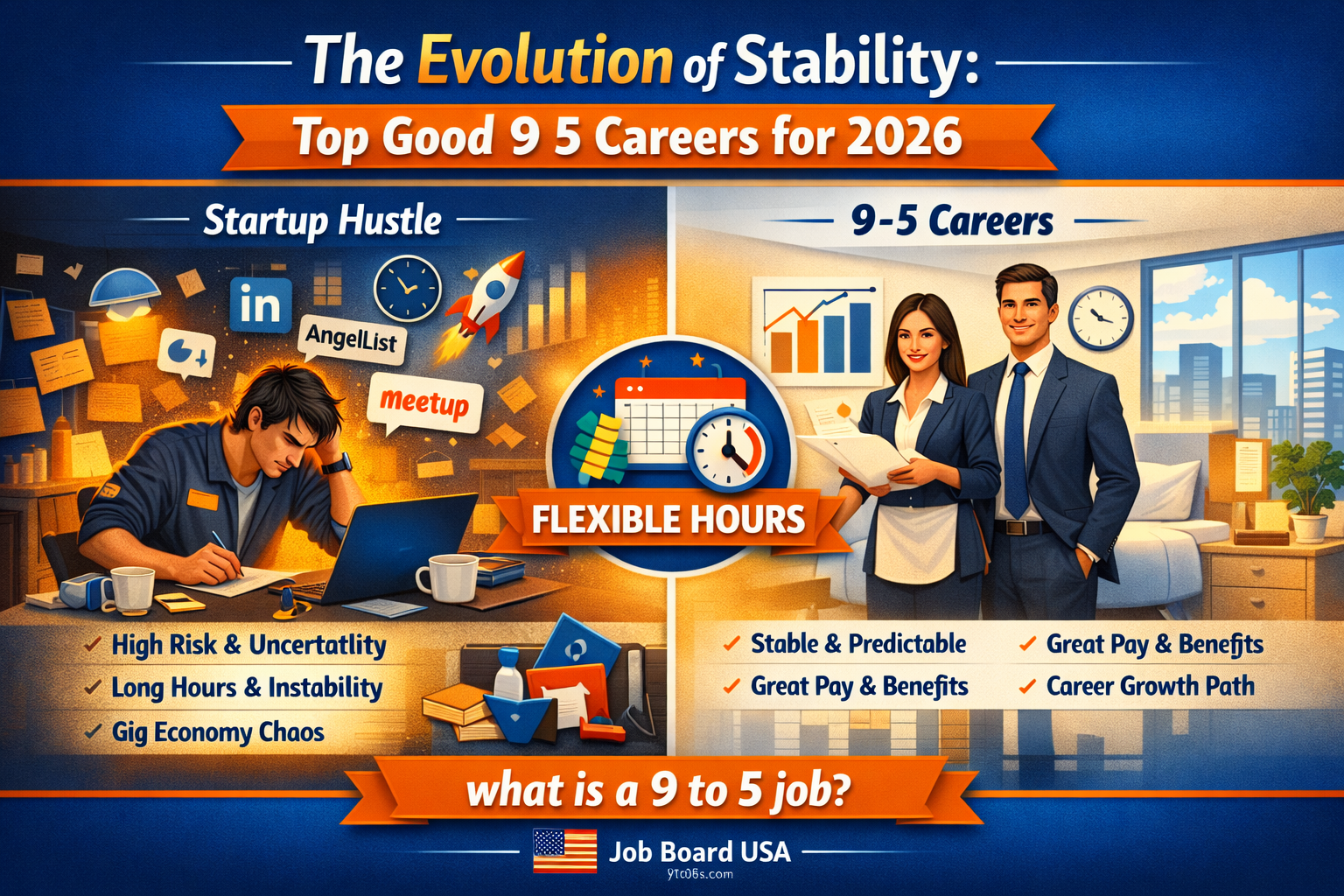 Professional employees working in a modern U.S. office environment representing good 9 5 careers, stable office jobs, and healthy work-life balance in 2026.