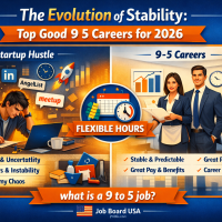 Professional employees working in a modern U.S. office environment representing good 9 5 careers, stable office jobs, and healthy work-life balance in 2026.