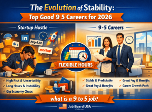 Professional employees working in a modern U.S. office environment representing good 9 5 careers, stable office jobs, and healthy work-life balance in 2026.