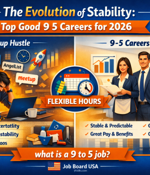 Professional employees working in a modern U.S. office environment representing good 9 5 careers, stable office jobs, and healthy work-life balance in 2026.