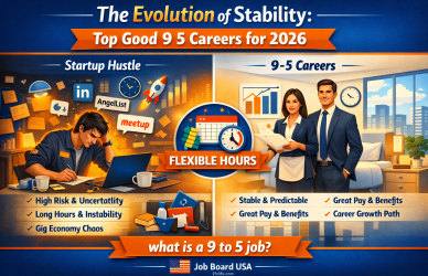 Professional employees working in a modern U.S. office environment representing good 9 5 careers, stable office jobs, and healthy work-life balance in 2026.