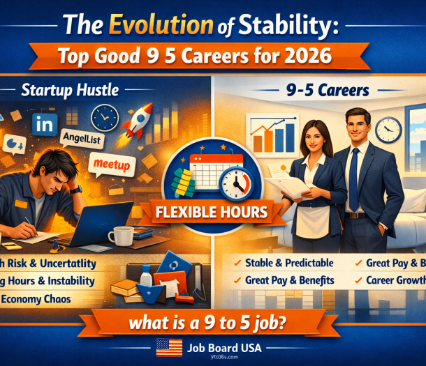 Professional employees working in a modern U.S. office environment representing good 9 5 careers, stable office jobs, and healthy work-life balance in 2026.